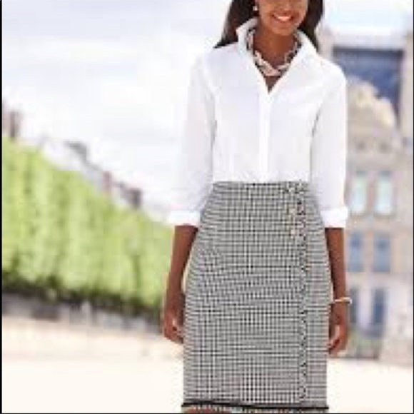 Talbots Dresses & Skirts - Talbots Houndstooth Faux Wrap Blanket Skirt With Fringe Size 6